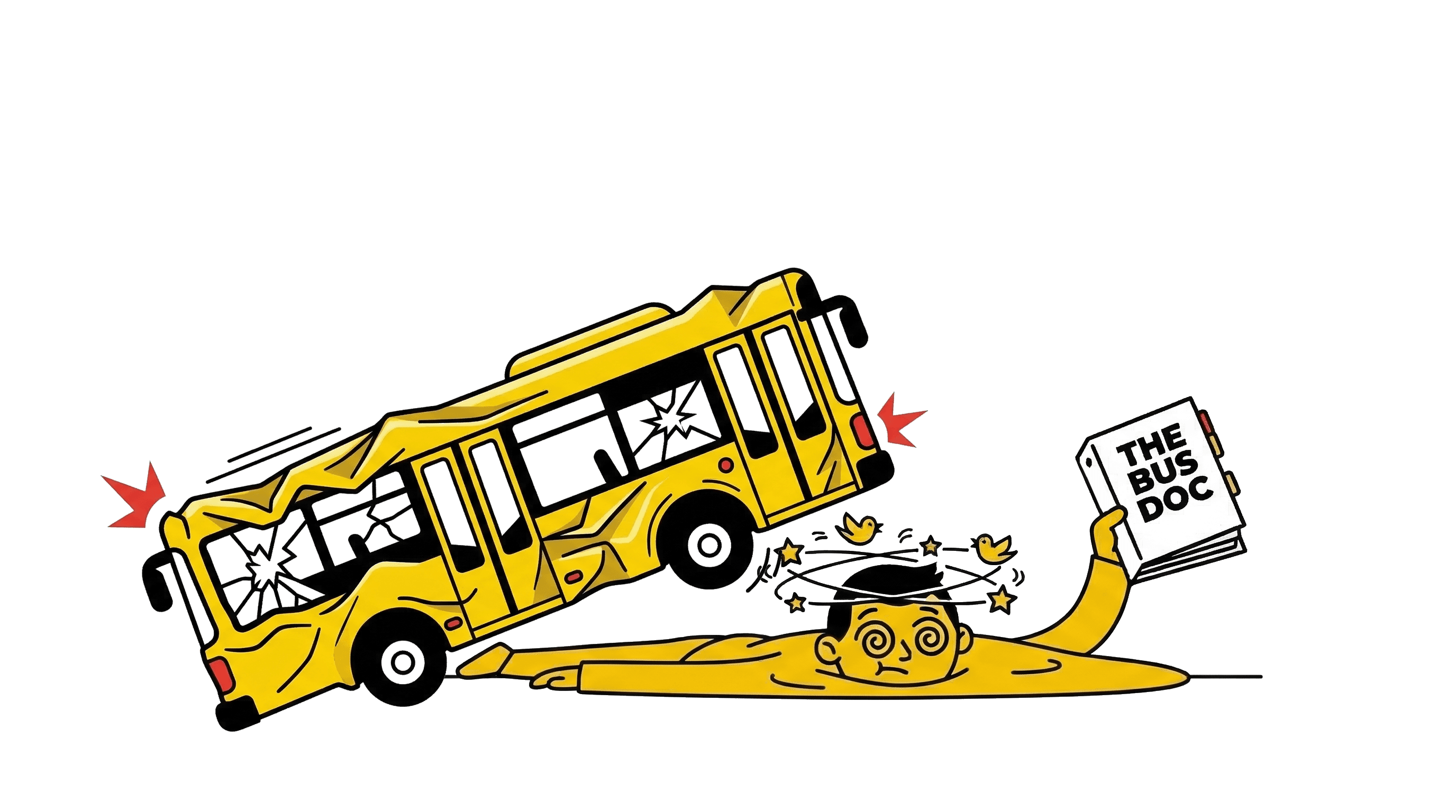 Cartoon character flattened under a bus, triumphantly holding up The Bus Doc